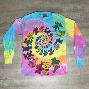 Vintage Liquid Blue Grateful Dead Bears Tie Dye Long y2K Graphic T-Shirt 1995